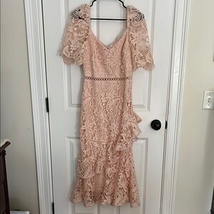 Lulus Briarwood Blush Pink Lace Ruffled Midi Dress
